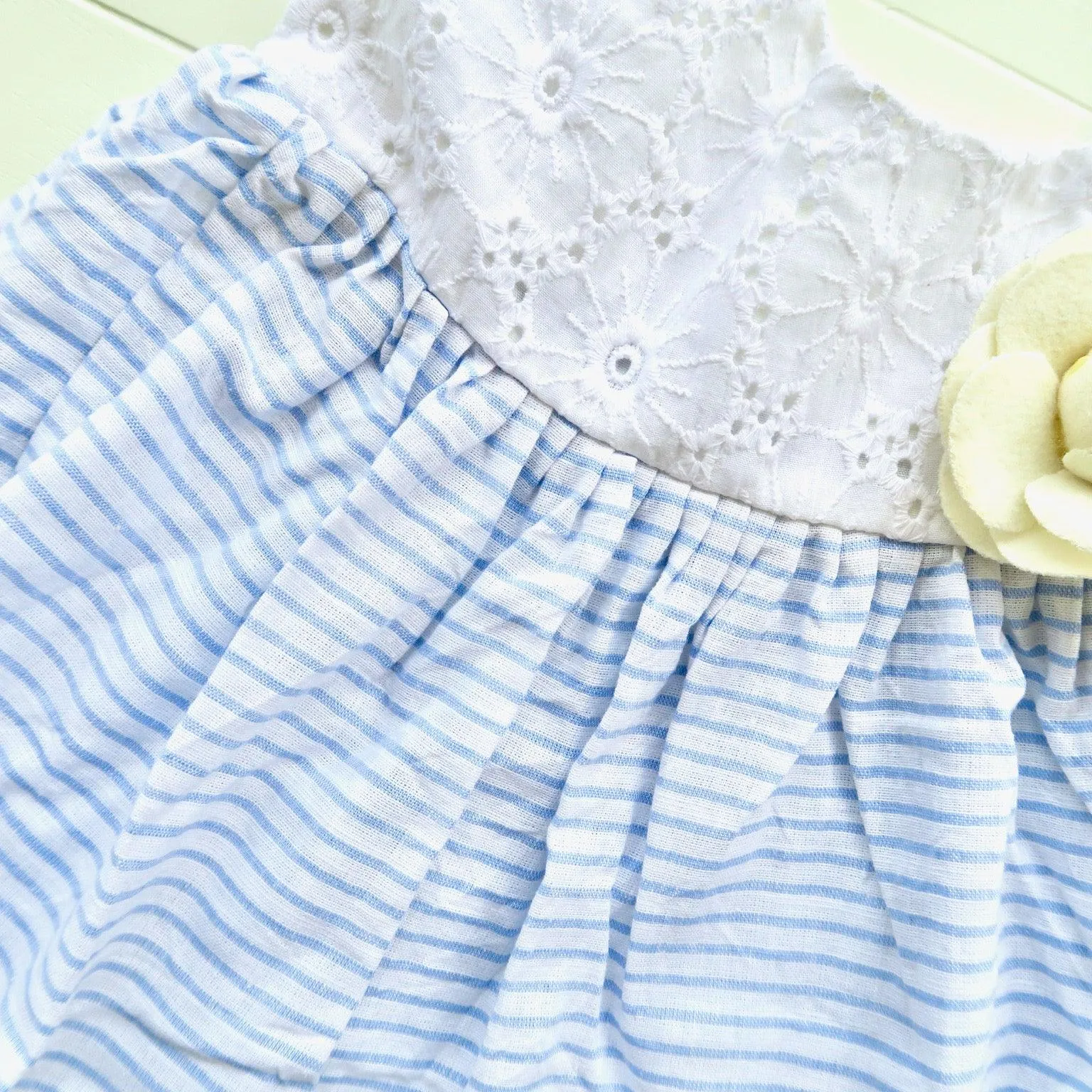 Dahlia Dress in White Flower Eyelet and Placid Blue Stripes Linen