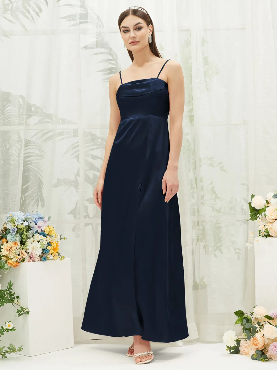 Dark Navy Satin Convertible Slit Floor Length  Bridesmaid Dresses