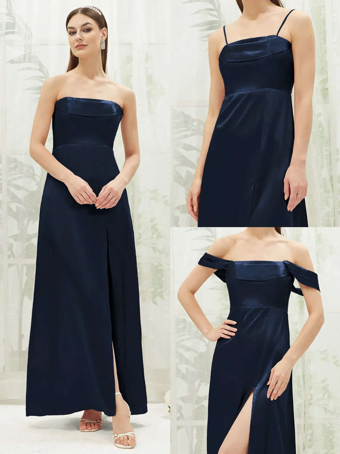 Dark Navy Satin Convertible Slit Floor Length  Bridesmaid Dresses