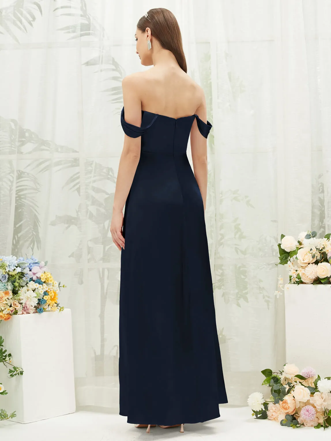 Dark Navy Satin Convertible Slit Floor Length  Bridesmaid Dresses