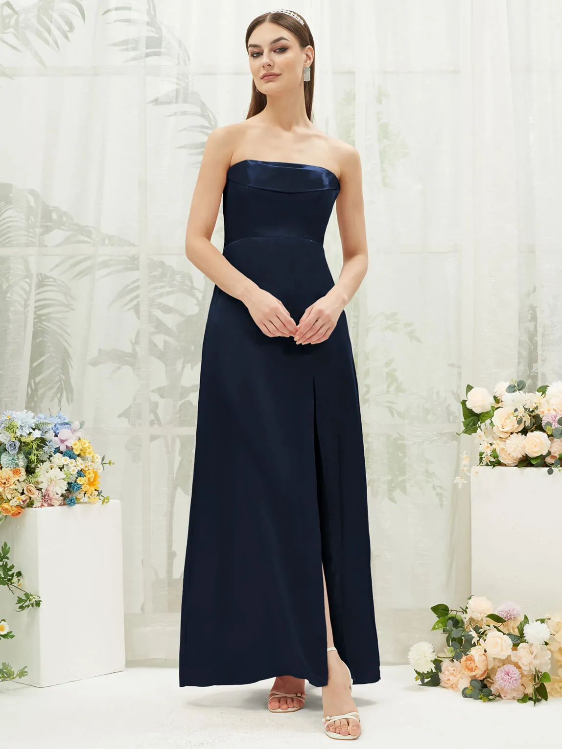 Dark Navy Satin Convertible Slit Floor Length  Bridesmaid Dresses