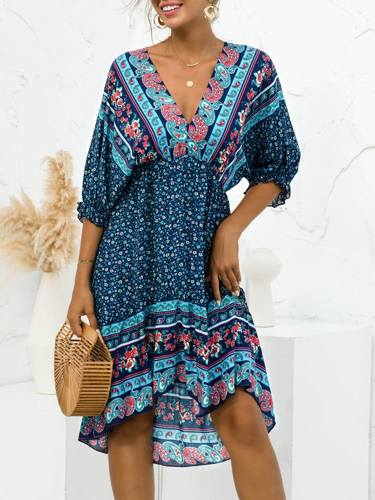 Deep V Neck High Low Printed Wholesale Dresses