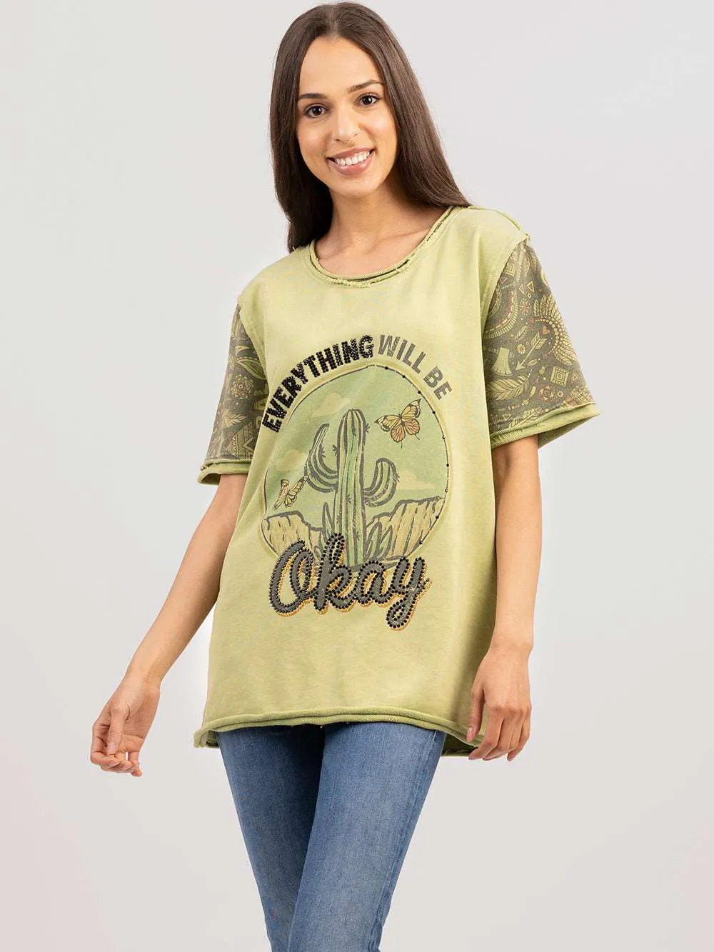 Delila Women Embroidered Washed Cactus Tee With Rhinestones