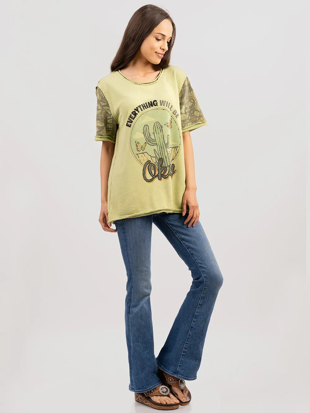 Delila Women Embroidered Washed Cactus Tee With Rhinestones