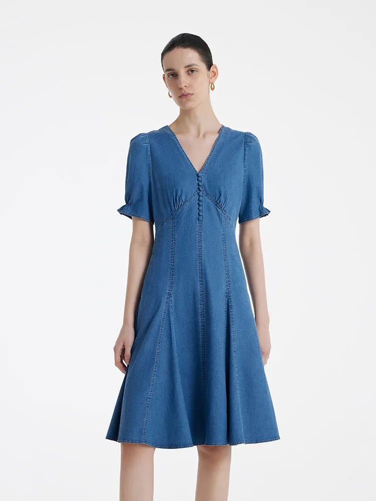 Denim V-Neck Gathered Waist Women Midi Dress