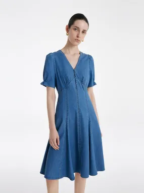 Denim V-Neck Gathered Waist Women Midi Dress