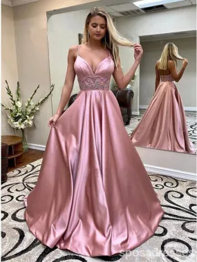 Dusty Rose A-line Spaghetti Straps V-neck Long Prom Dresses Online,12605