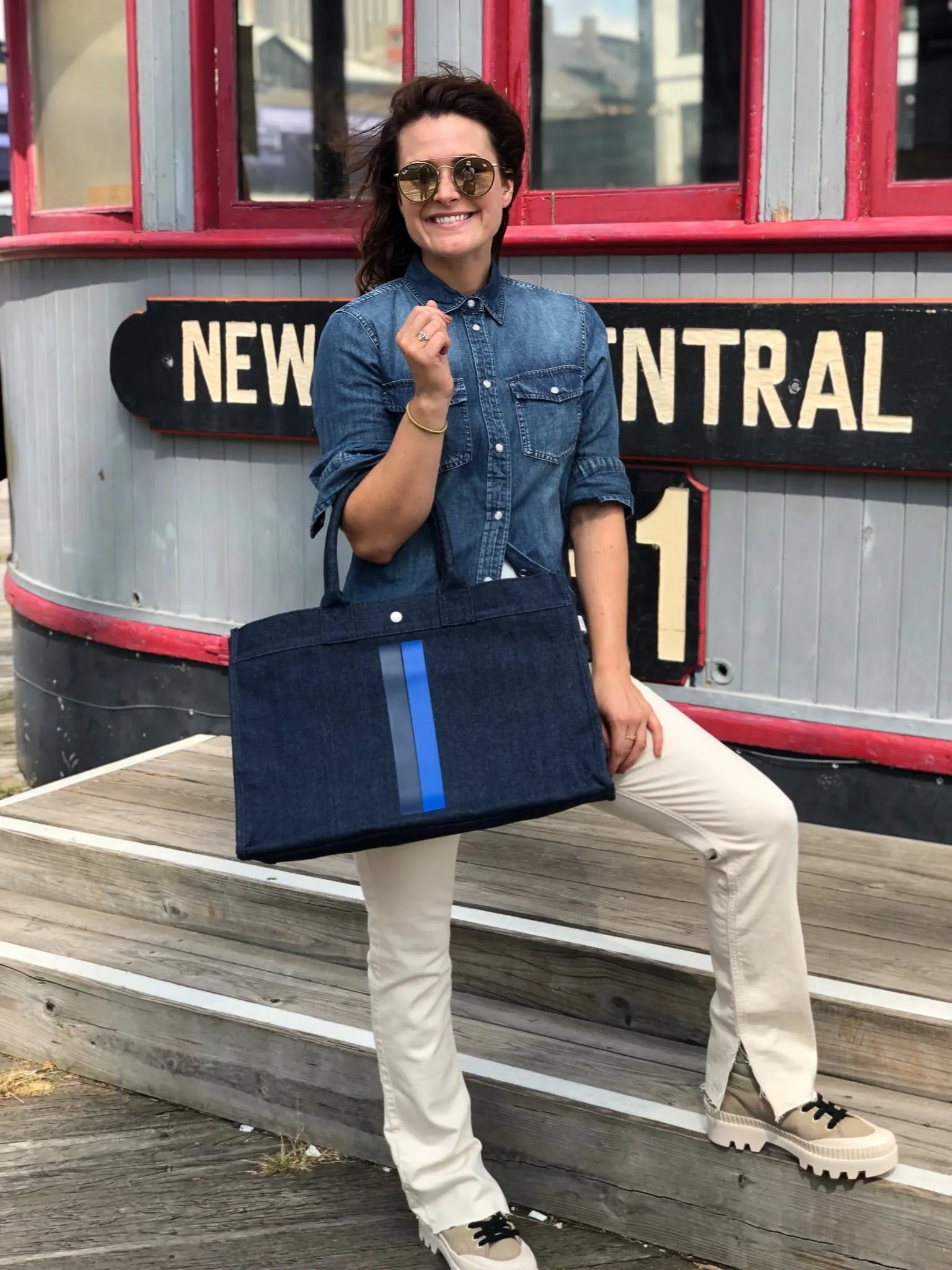 East-West Bag: Denim with Navy/Royal Blue Color Stripe