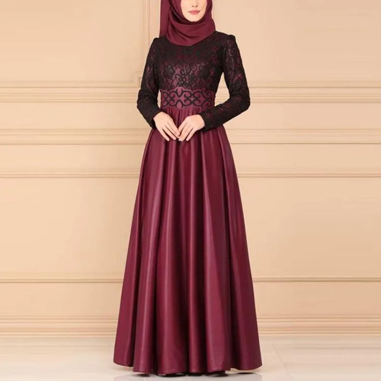 Elegant Ethnic Long-Sleeved Swing Dress with Lace Detailing