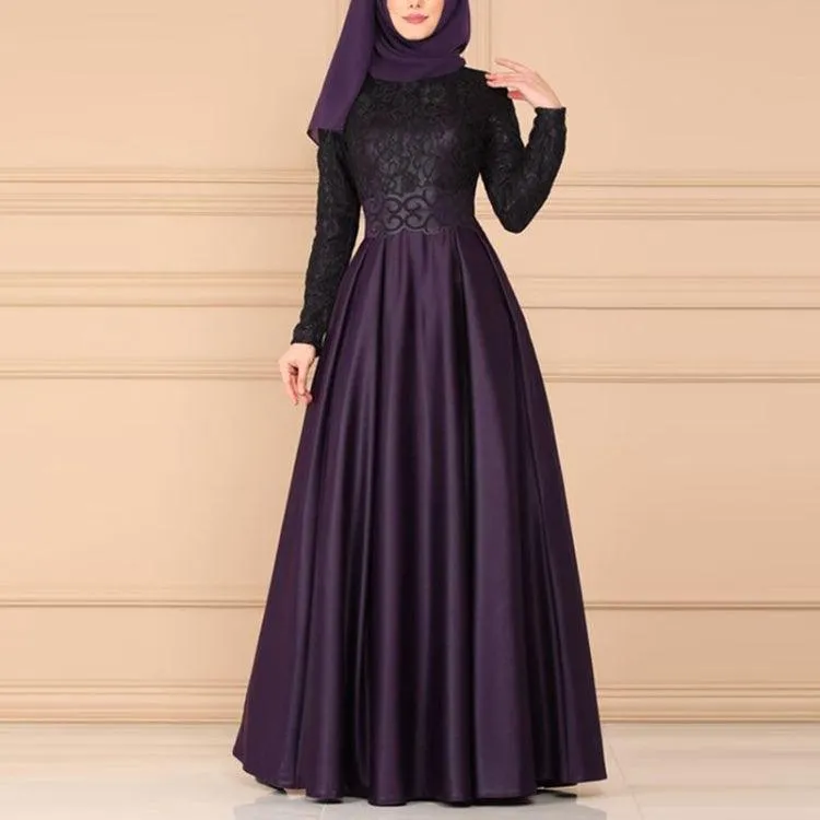 Elegant Ethnic Long-Sleeved Swing Dress with Lace Detailing