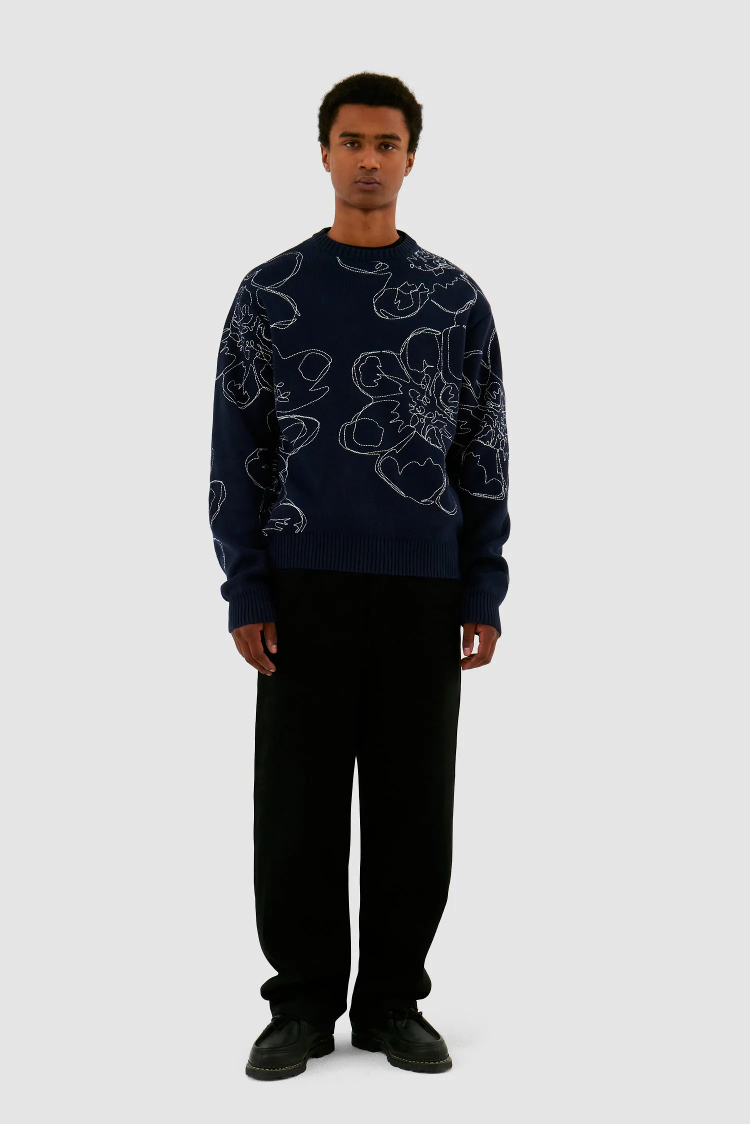 Embroidered Flower Knit - Navy