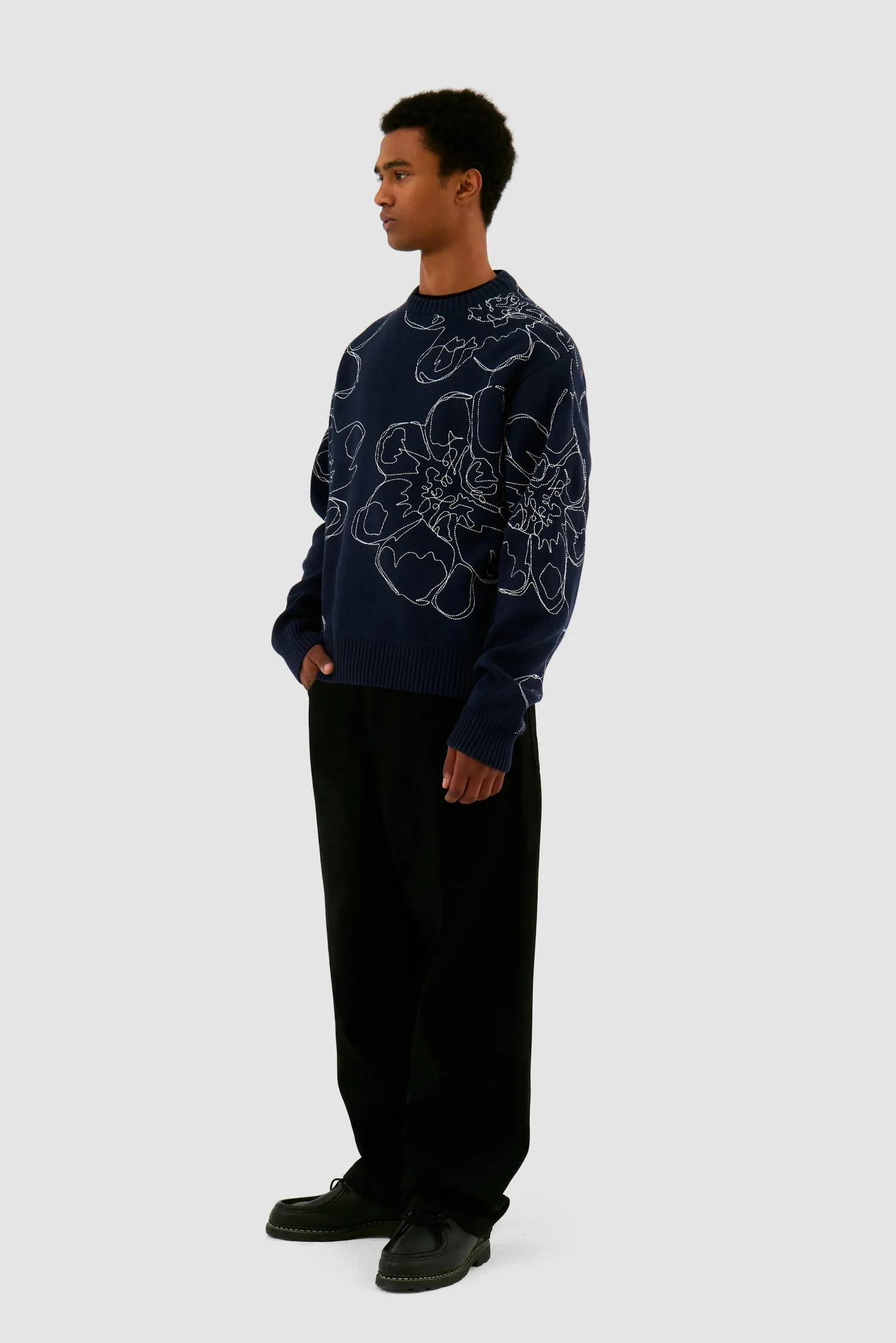 Embroidered Flower Knit - Navy