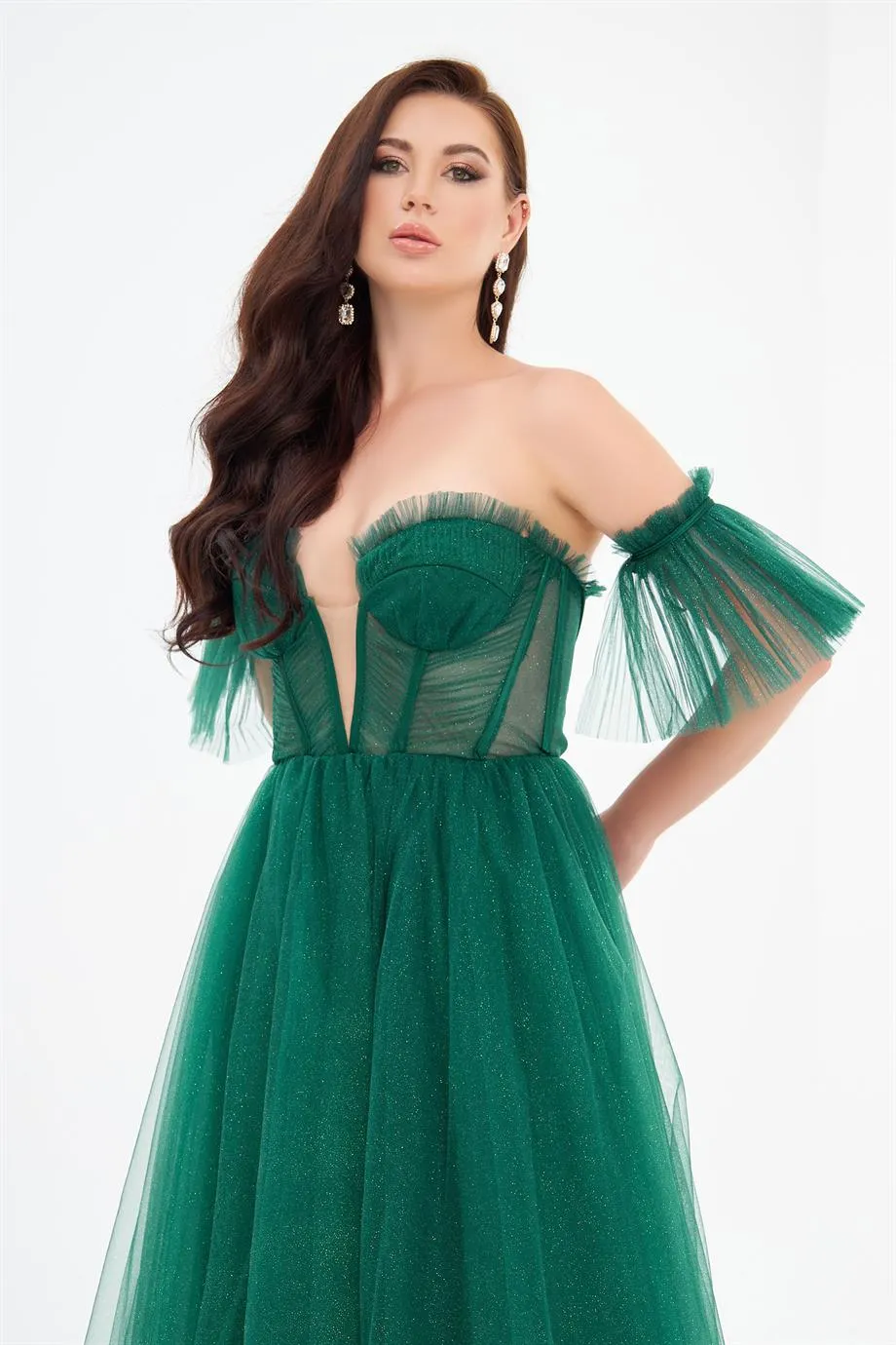 Emerald Glittered Tulle Tie Back Strapless Engagement Dress