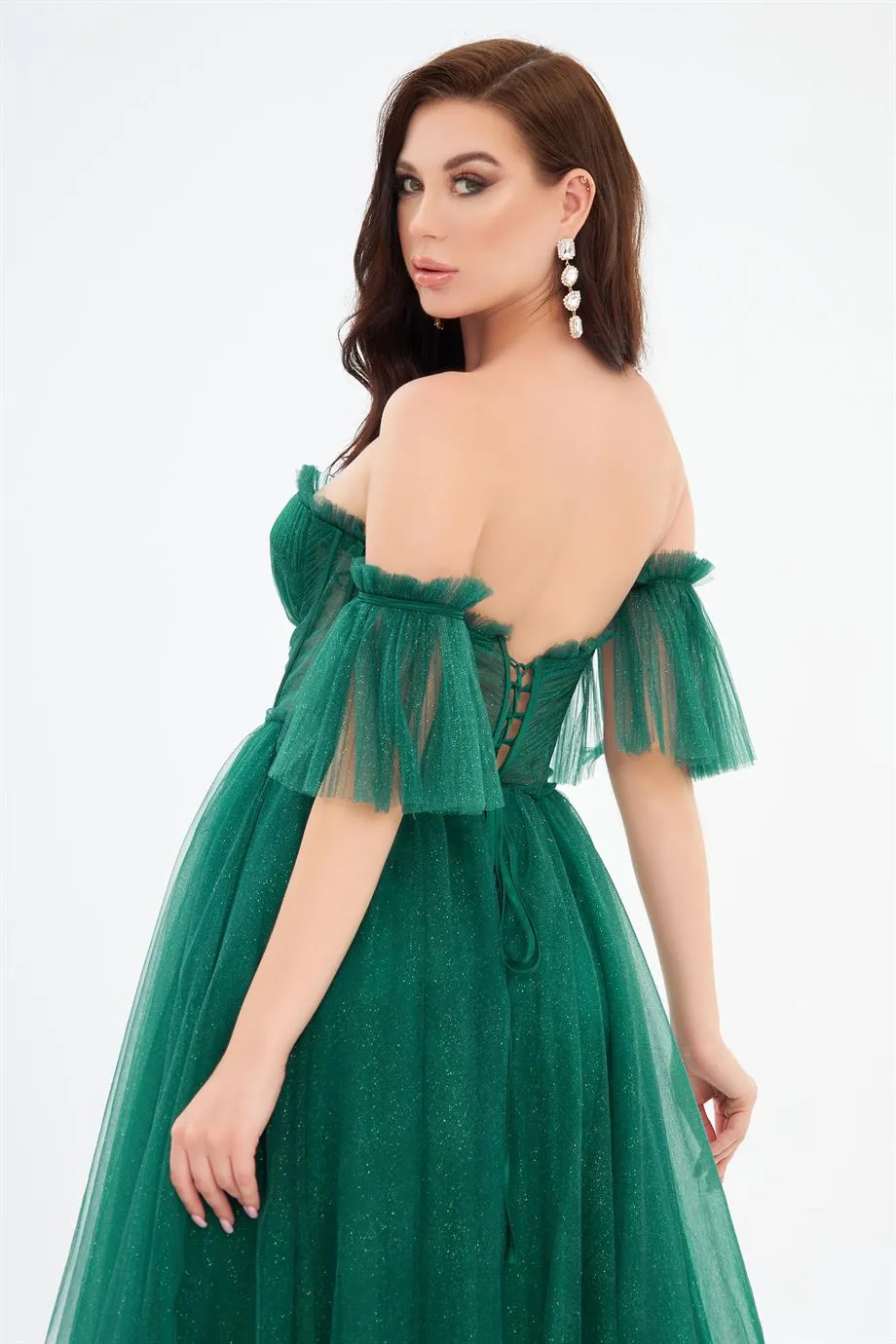 Emerald Glittered Tulle Tie Back Strapless Engagement Dress