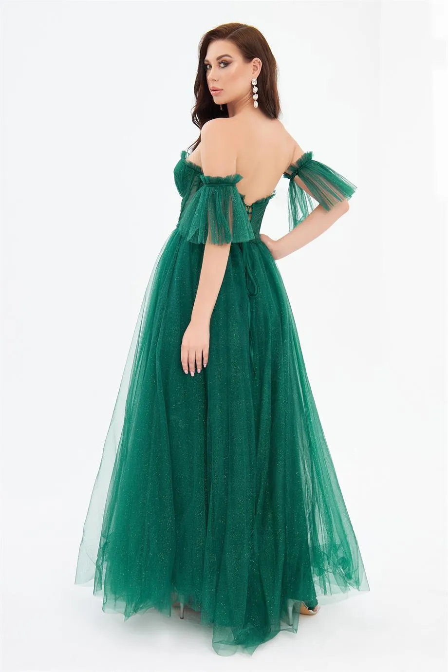 Emerald Glittered Tulle Tie Back Strapless Engagement Dress