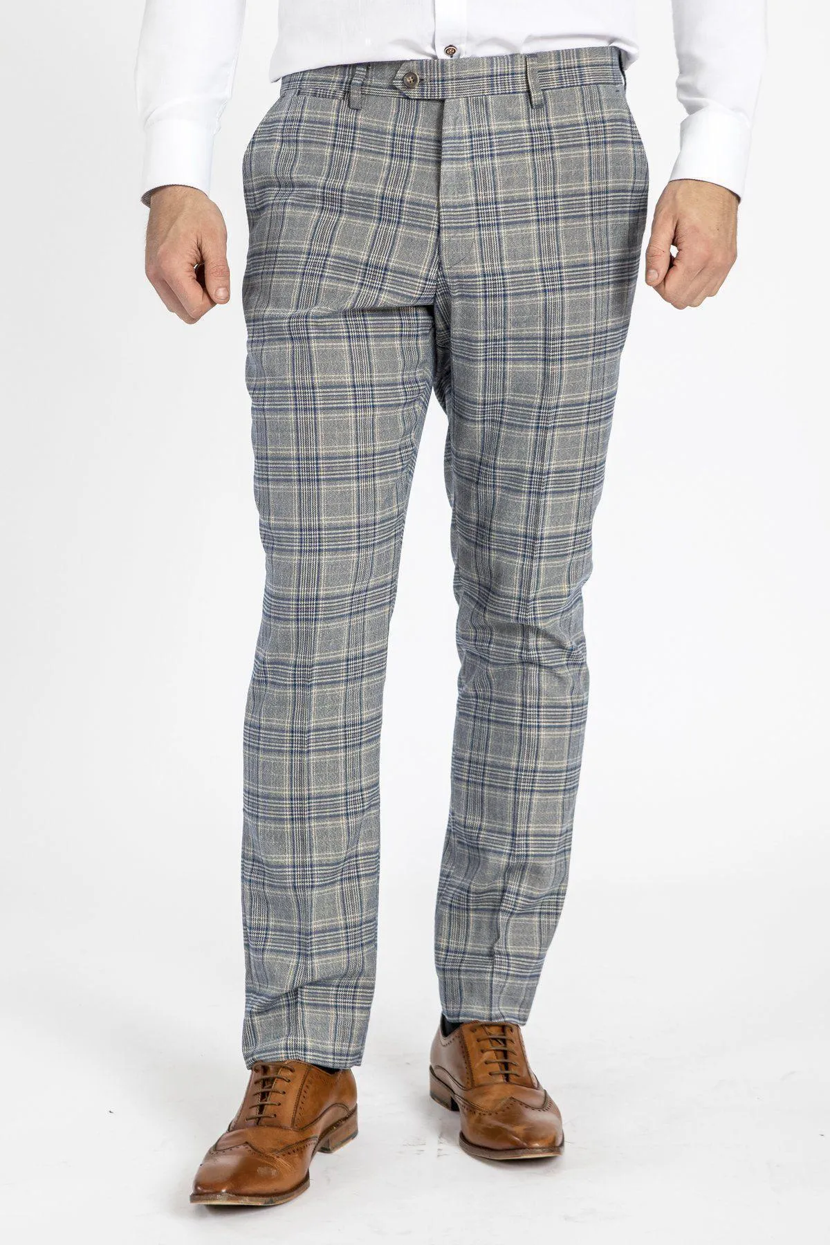 ENZO - Sky Stone Check Tweed Trousers