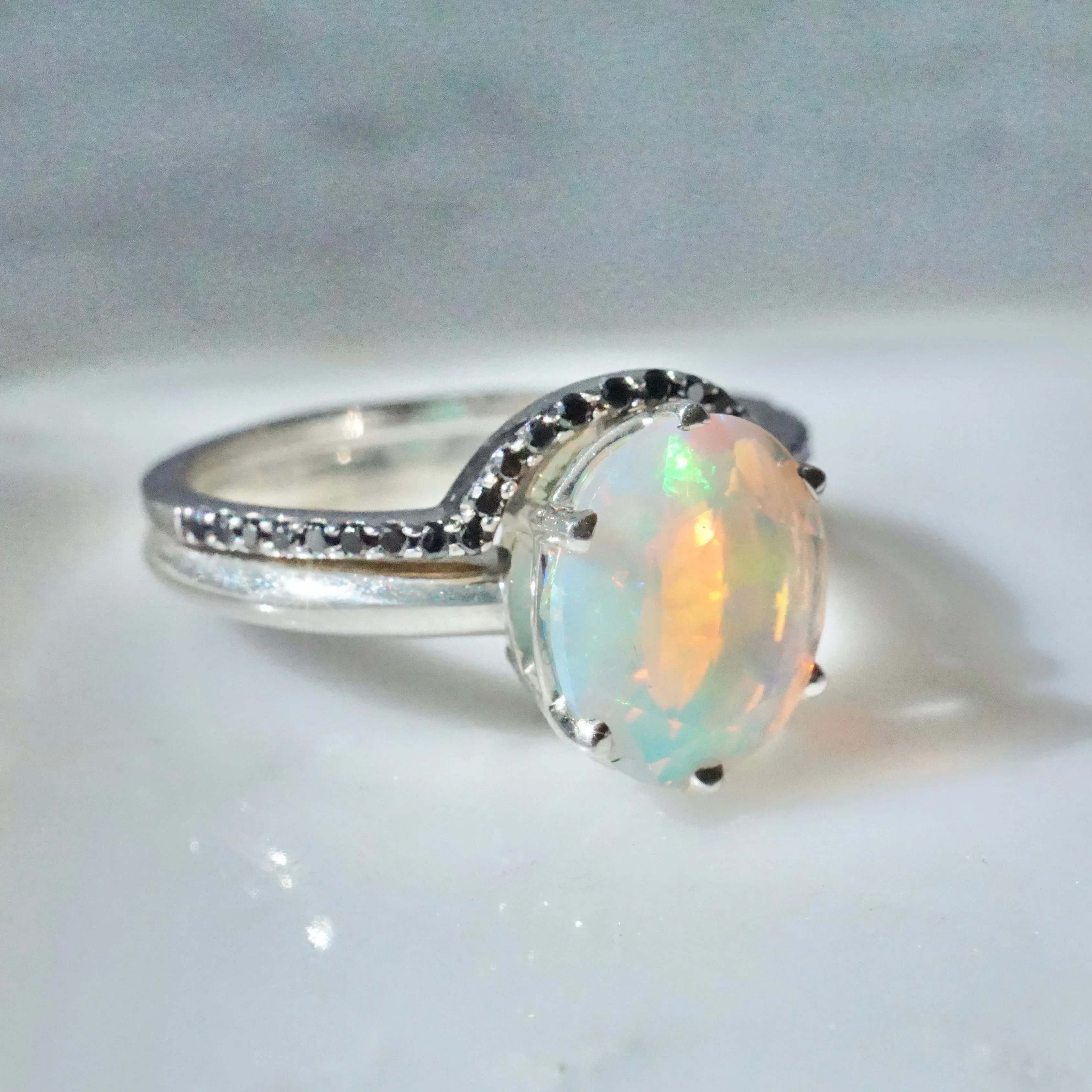 Ethiopian Opal Sliver Ring - 10 x 8 Oval Opal Ring - Alternative Opal Ring