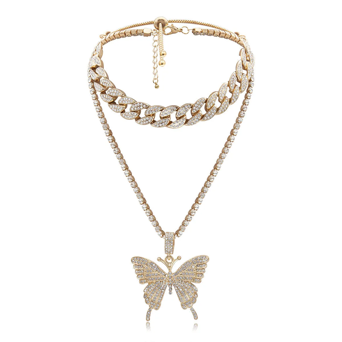 Exclusive 12MM Cuban Chain Adjustable Choker Necklace With Beautiful Tennis Chain Butterfly