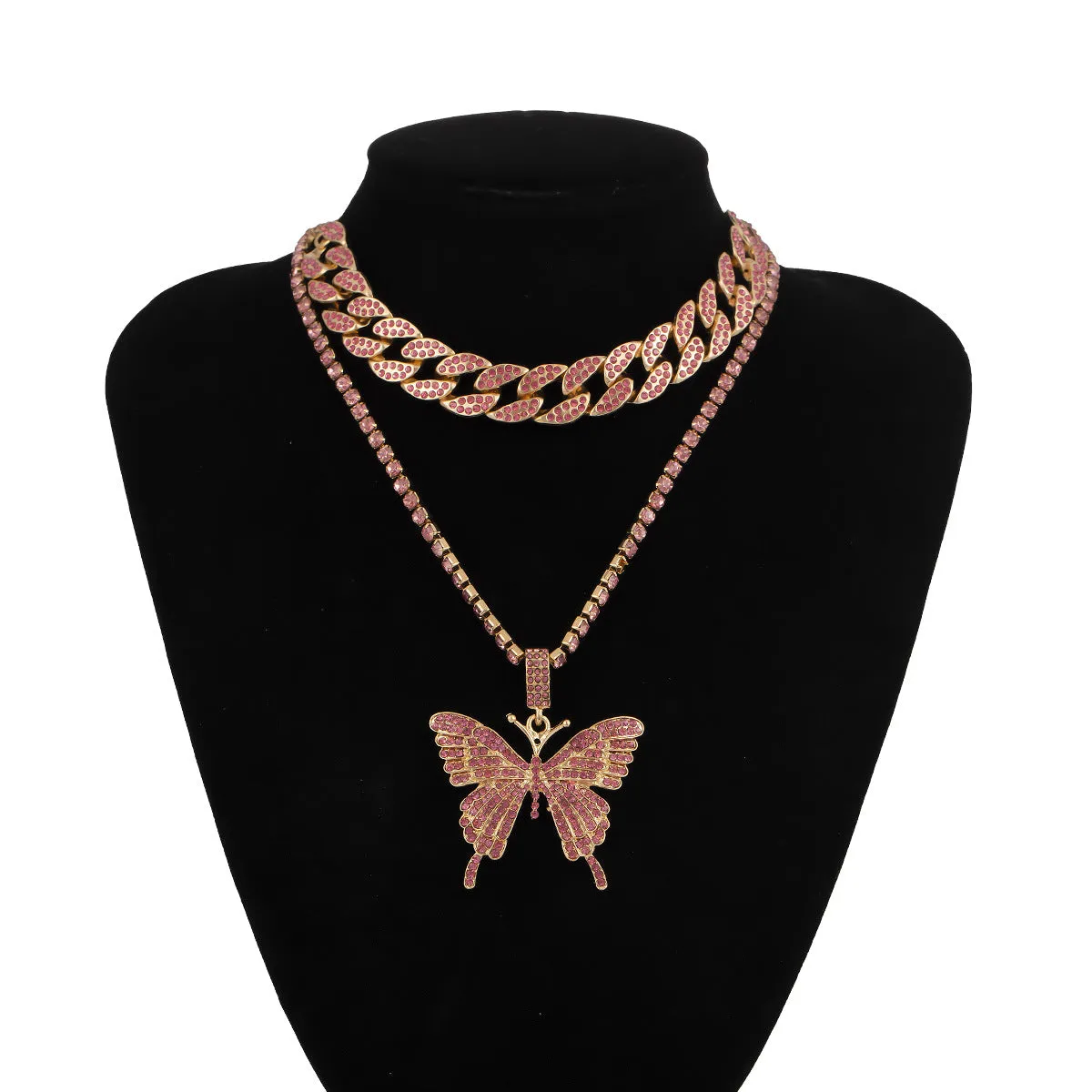 Exclusive 12MM Cuban Chain Adjustable Choker Necklace With Beautiful Tennis Chain Butterfly