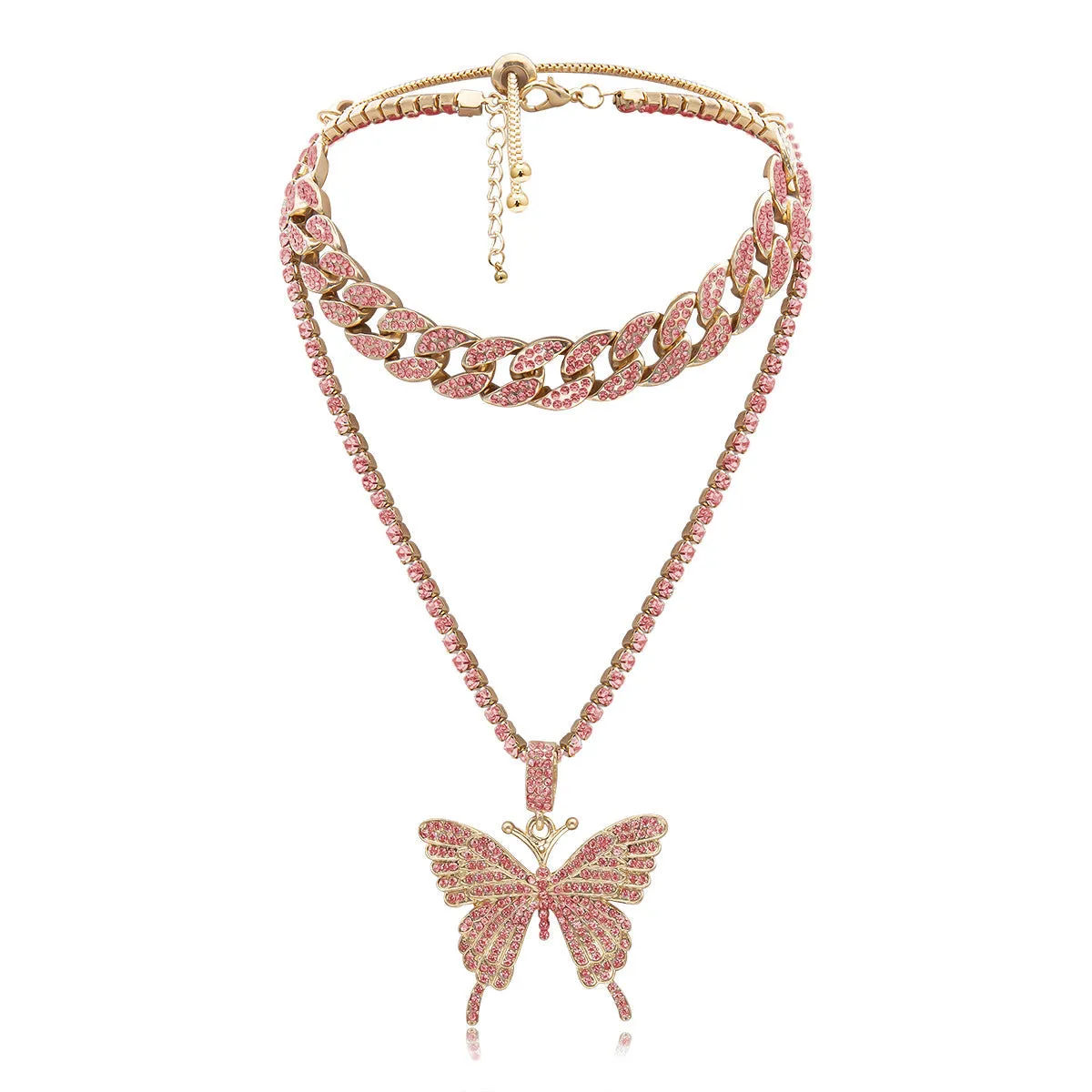 Exclusive 12MM Cuban Chain Adjustable Choker Necklace With Beautiful Tennis Chain Butterfly