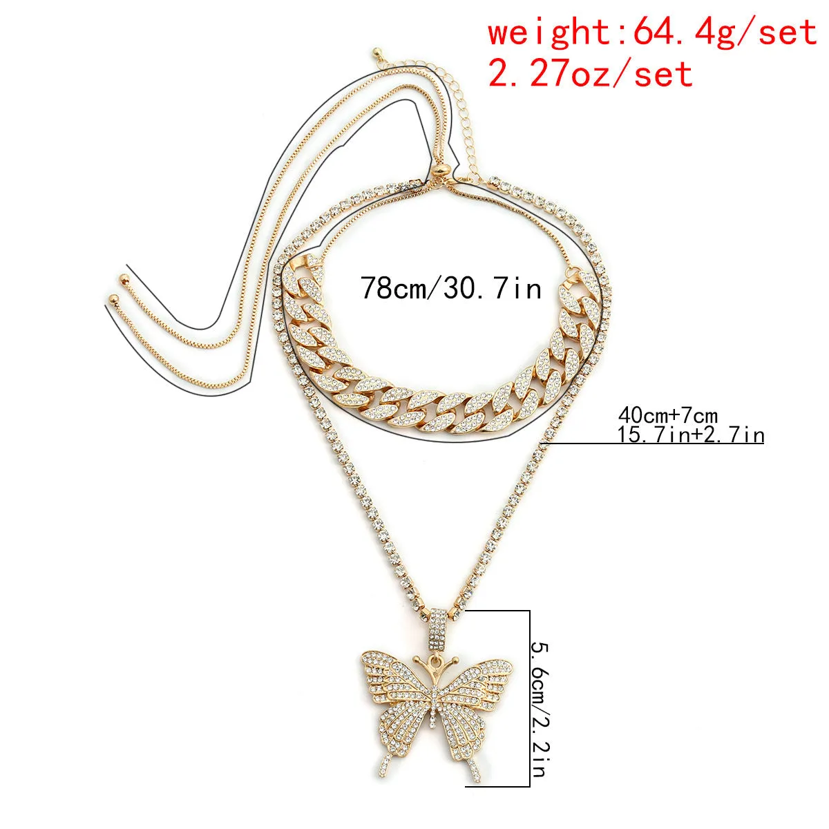 Exclusive 12MM Cuban Chain Adjustable Choker Necklace With Beautiful Tennis Chain Butterfly