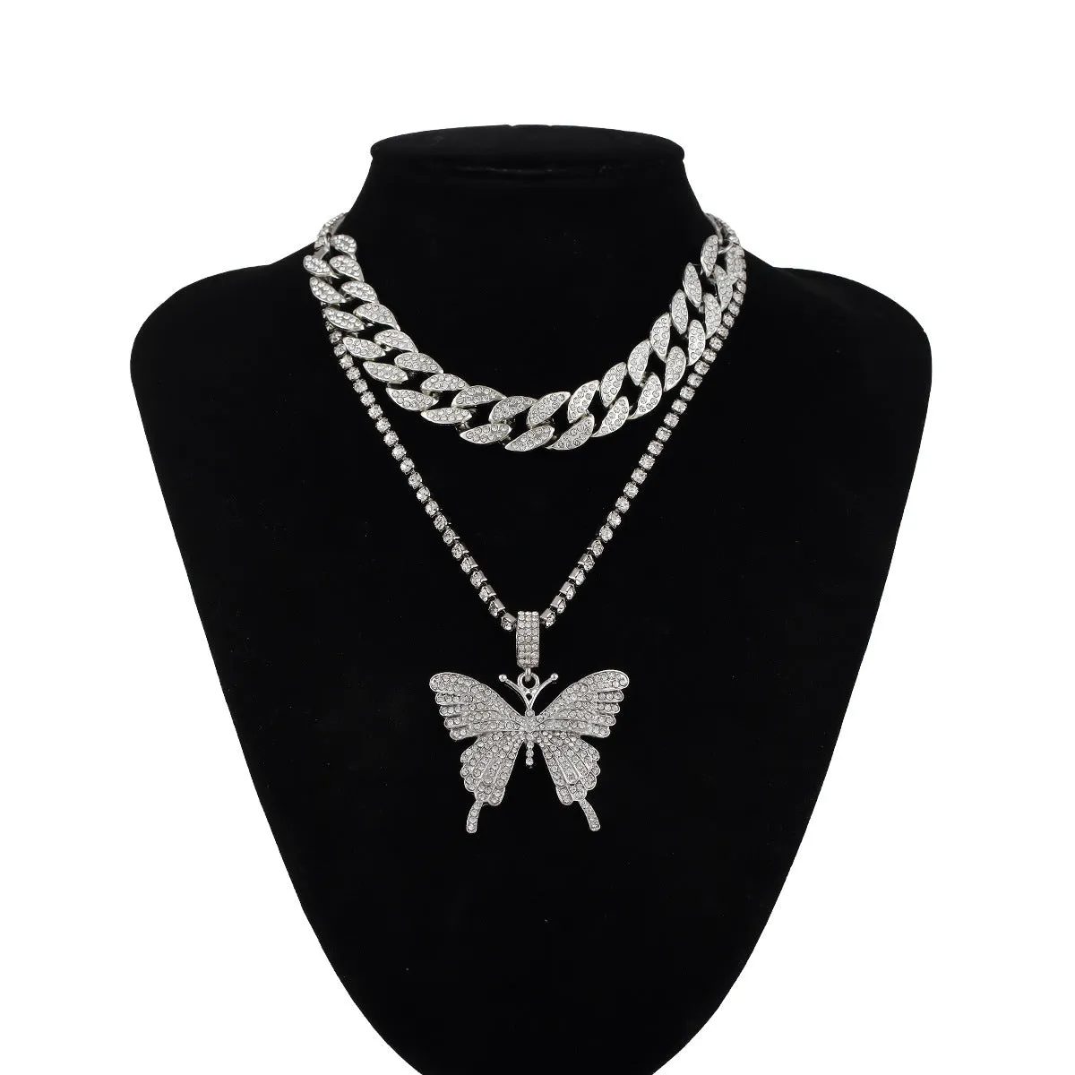 Exclusive 12MM Cuban Chain Adjustable Choker Necklace With Beautiful Tennis Chain Butterfly