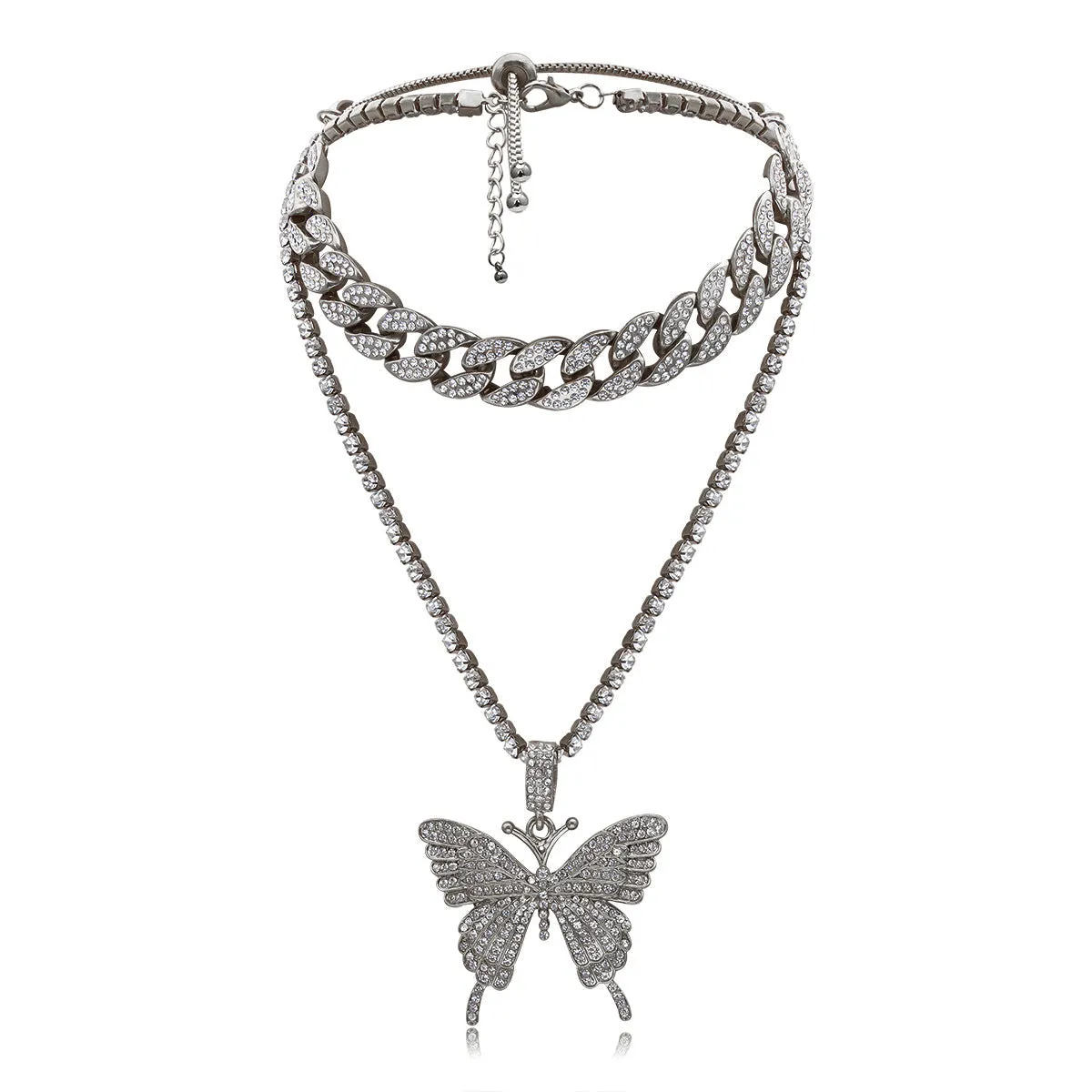 Exclusive 12MM Cuban Chain Adjustable Choker Necklace With Beautiful Tennis Chain Butterfly