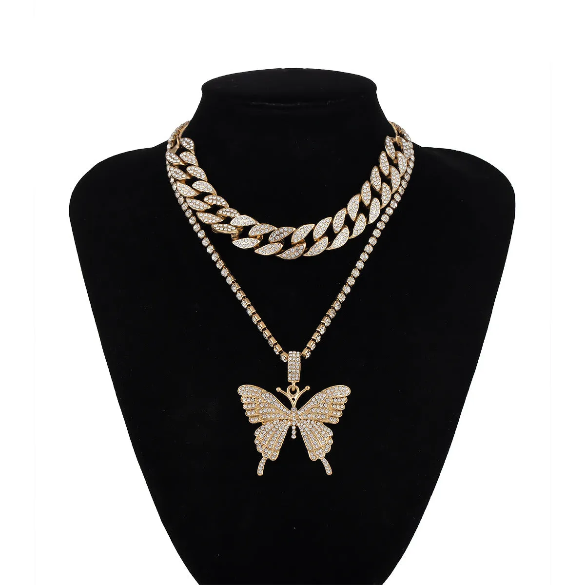 Exclusive 12MM Cuban Chain Adjustable Choker Necklace With Beautiful Tennis Chain Butterfly