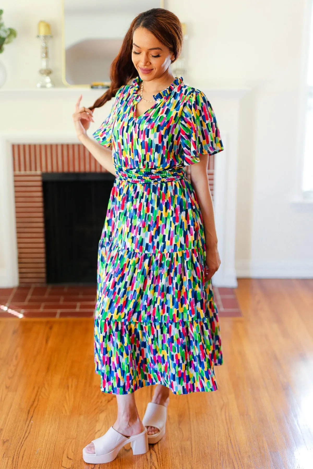 Explore More Collection - All For You Navy Multicolor Abstract Print Smocked Waist Maxi Dress