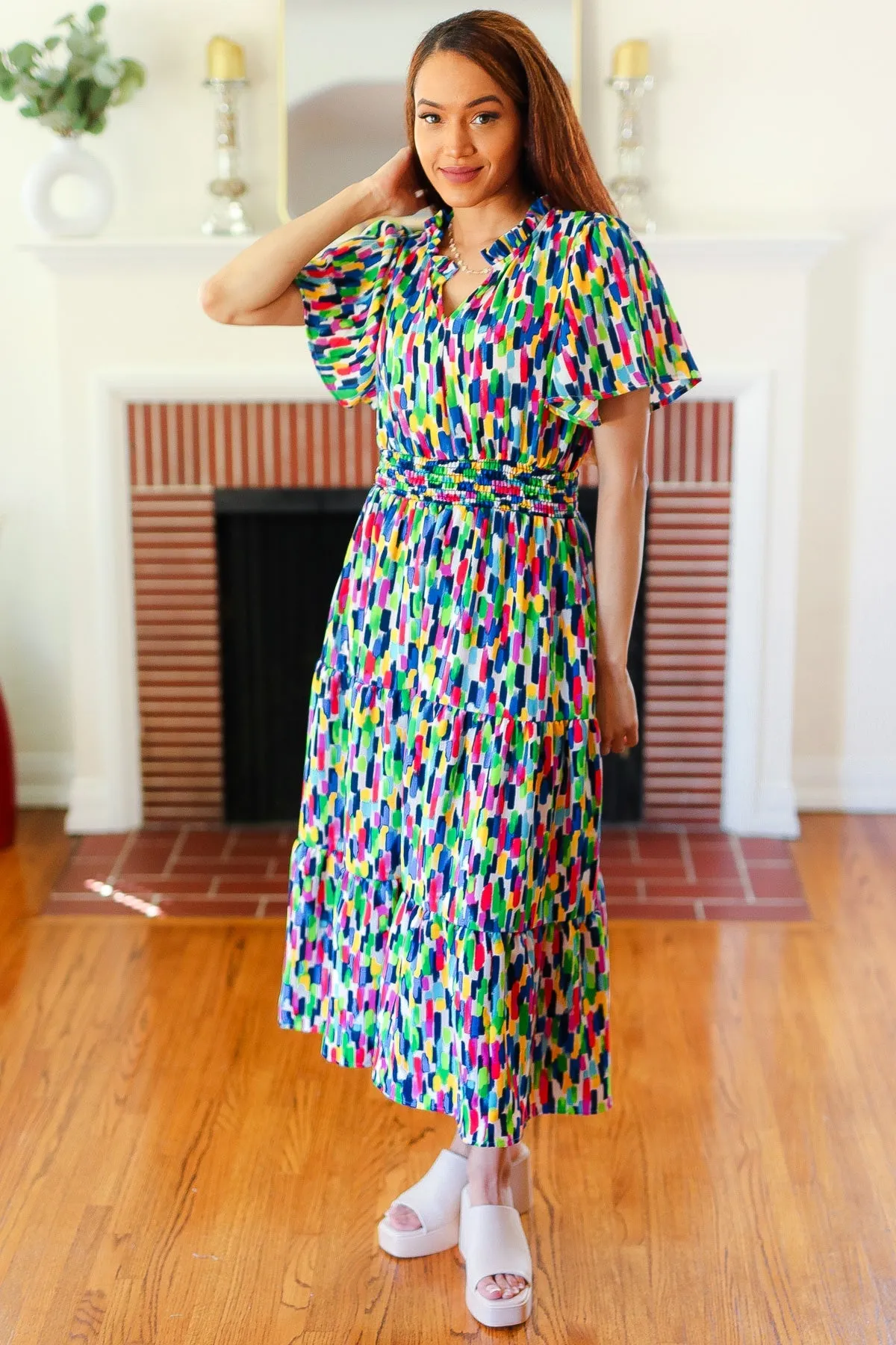 Explore More Collection - All For You Navy Multicolor Abstract Print Smocked Waist Maxi Dress