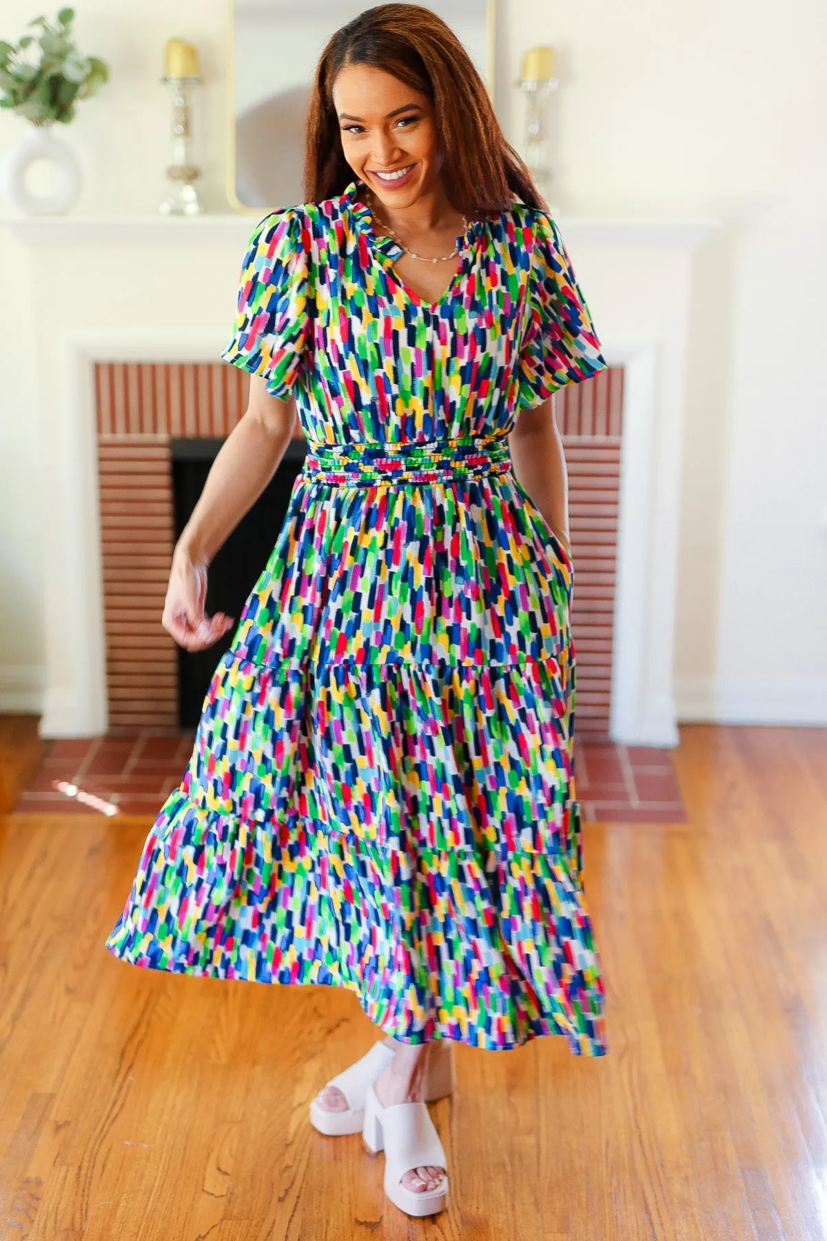 Explore More Collection - All For You Navy Multicolor Abstract Print Smocked Waist Maxi Dress