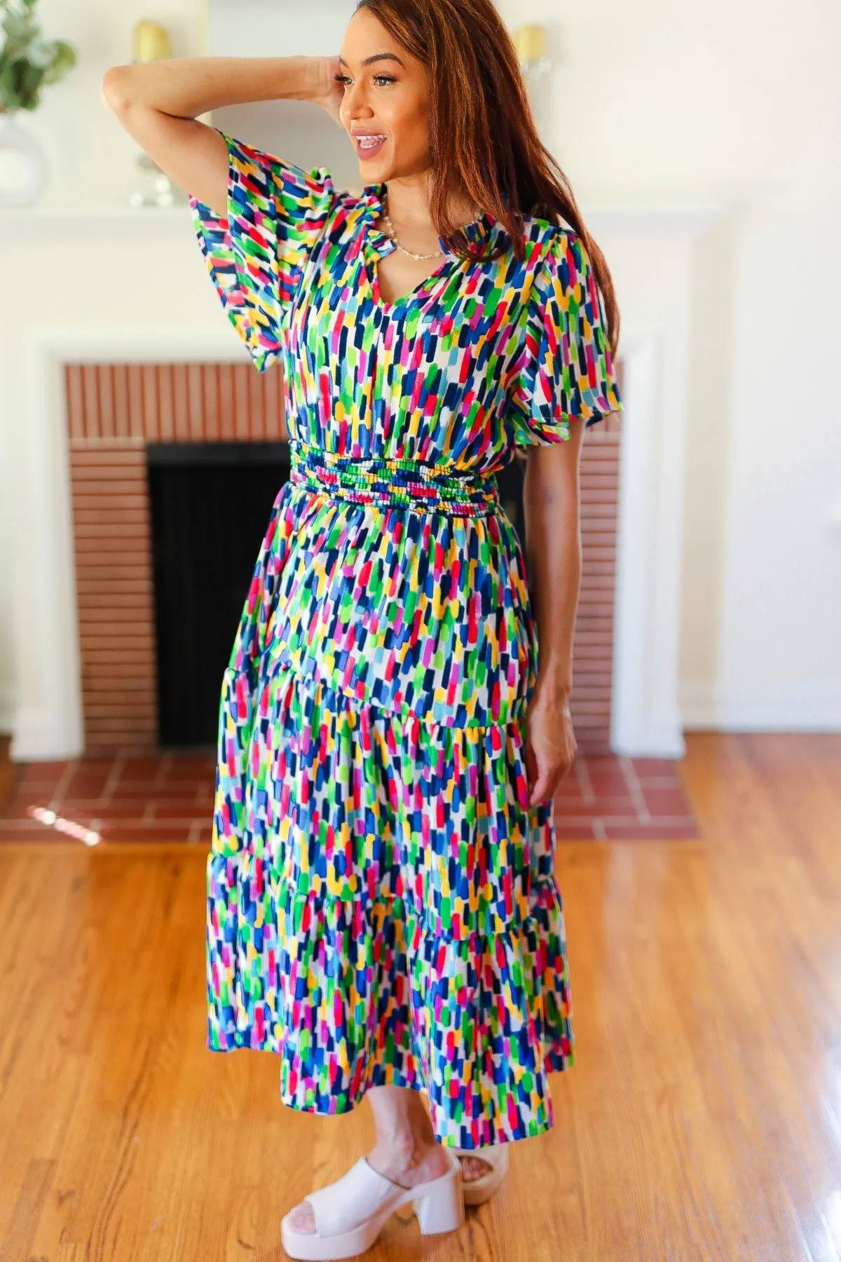 Explore More Collection - All For You Navy Multicolor Abstract Print Smocked Waist Maxi Dress