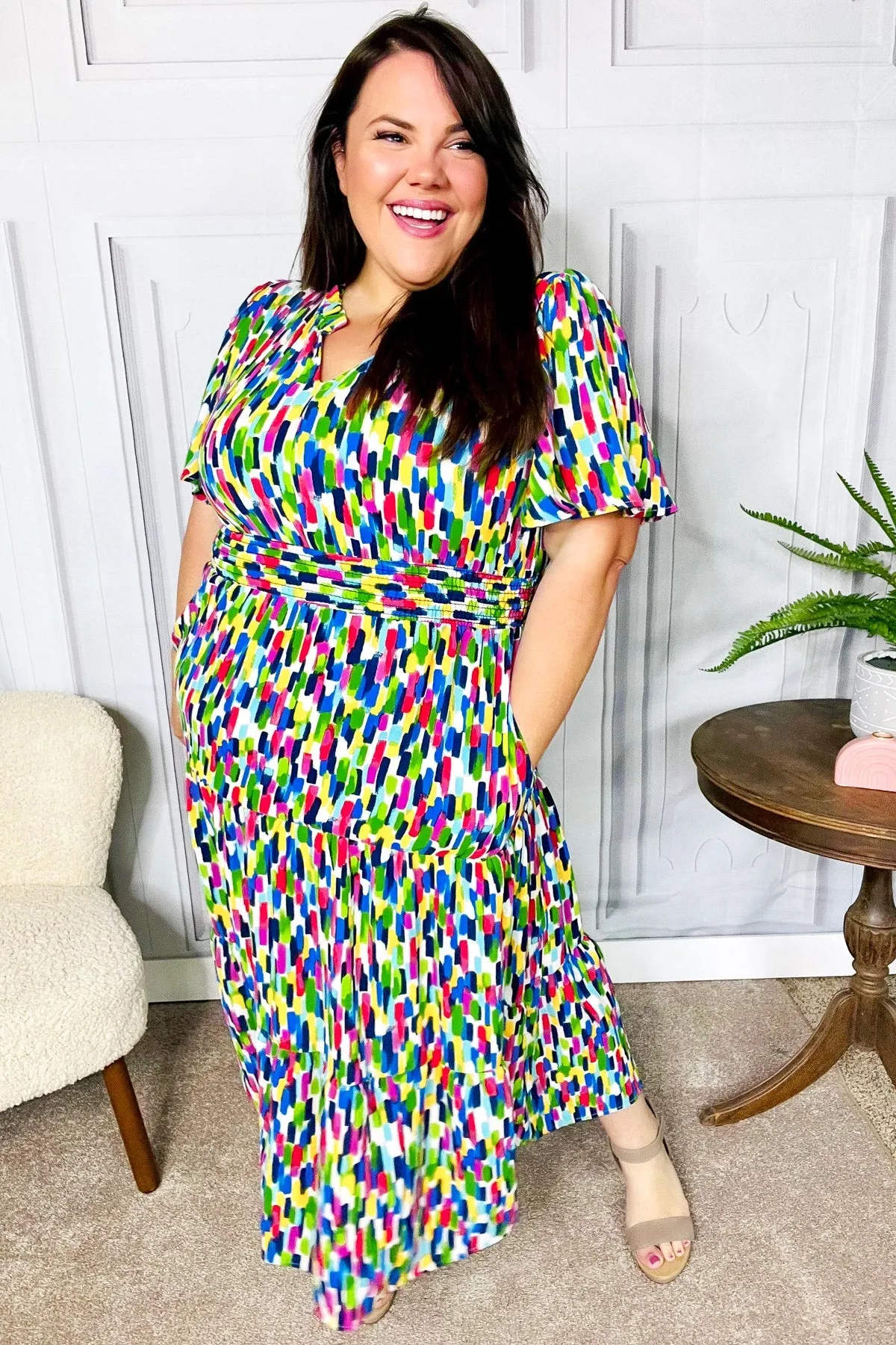 Explore More Collection - All For You Navy Multicolor Abstract Print Smocked Waist Maxi Dress