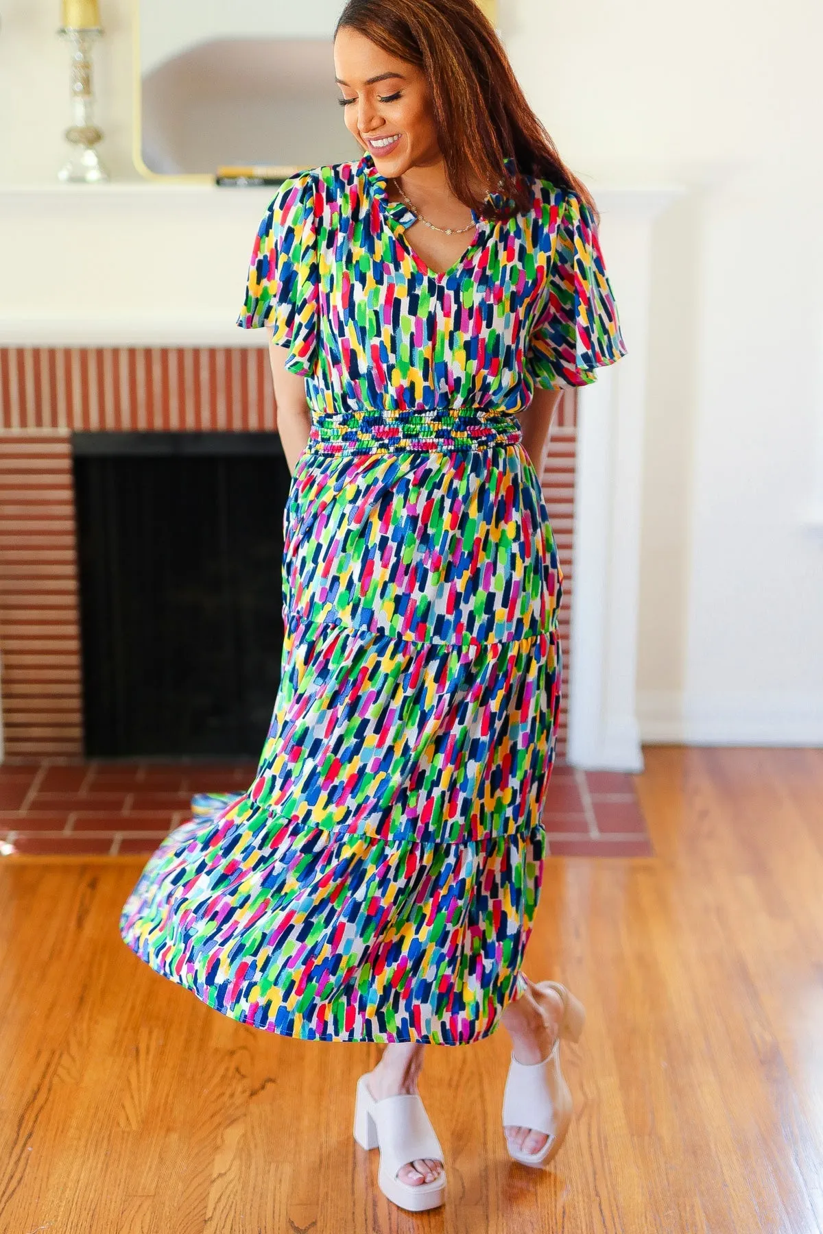 Explore More Collection - All For You Navy Multicolor Abstract Print Smocked Waist Maxi Dress