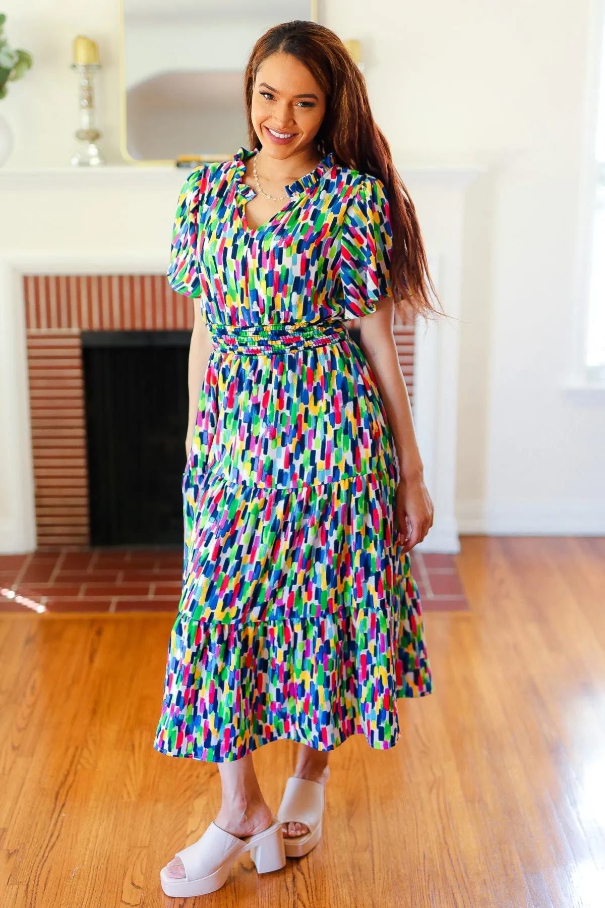 Explore More Collection - All For You Navy Multicolor Abstract Print Smocked Waist Maxi Dress