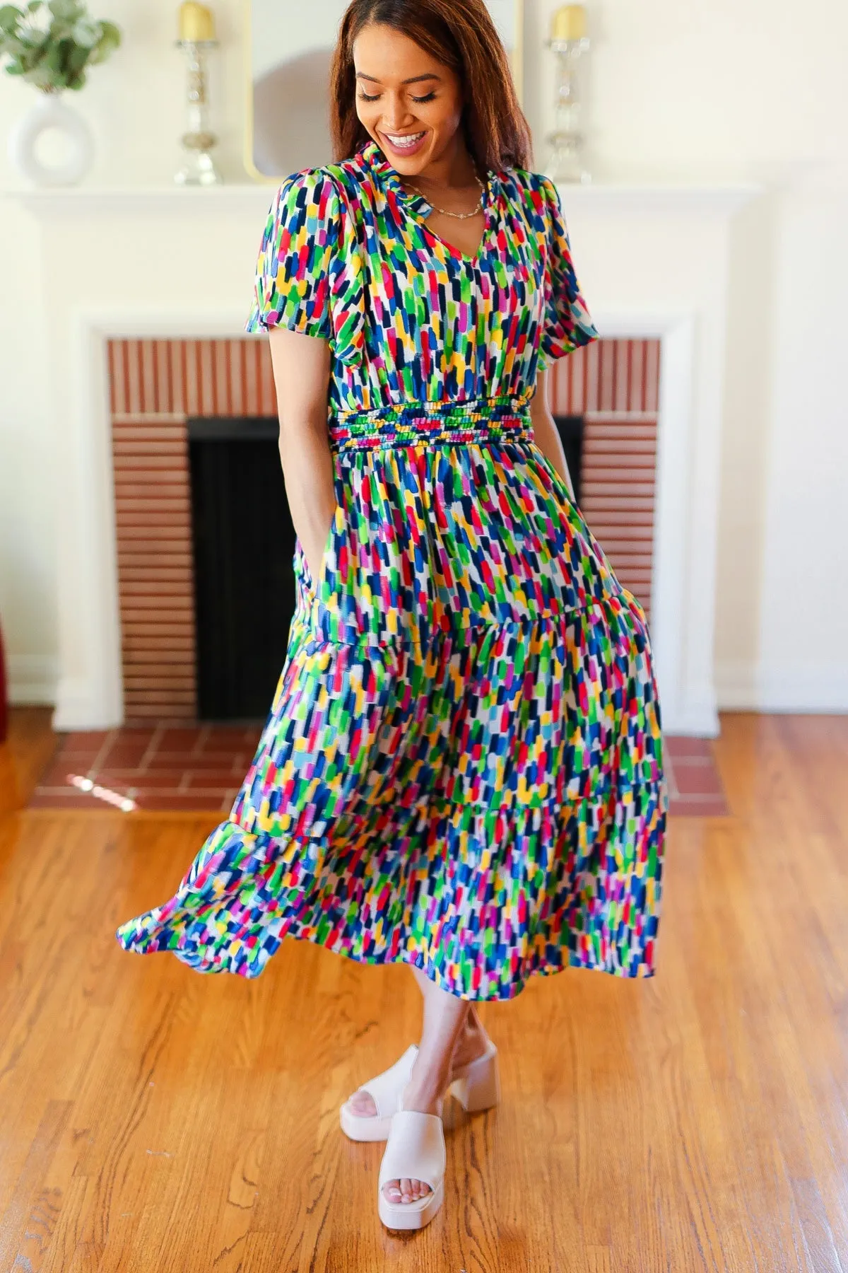 Explore More Collection - All For You Navy Multicolor Abstract Print Smocked Waist Maxi Dress