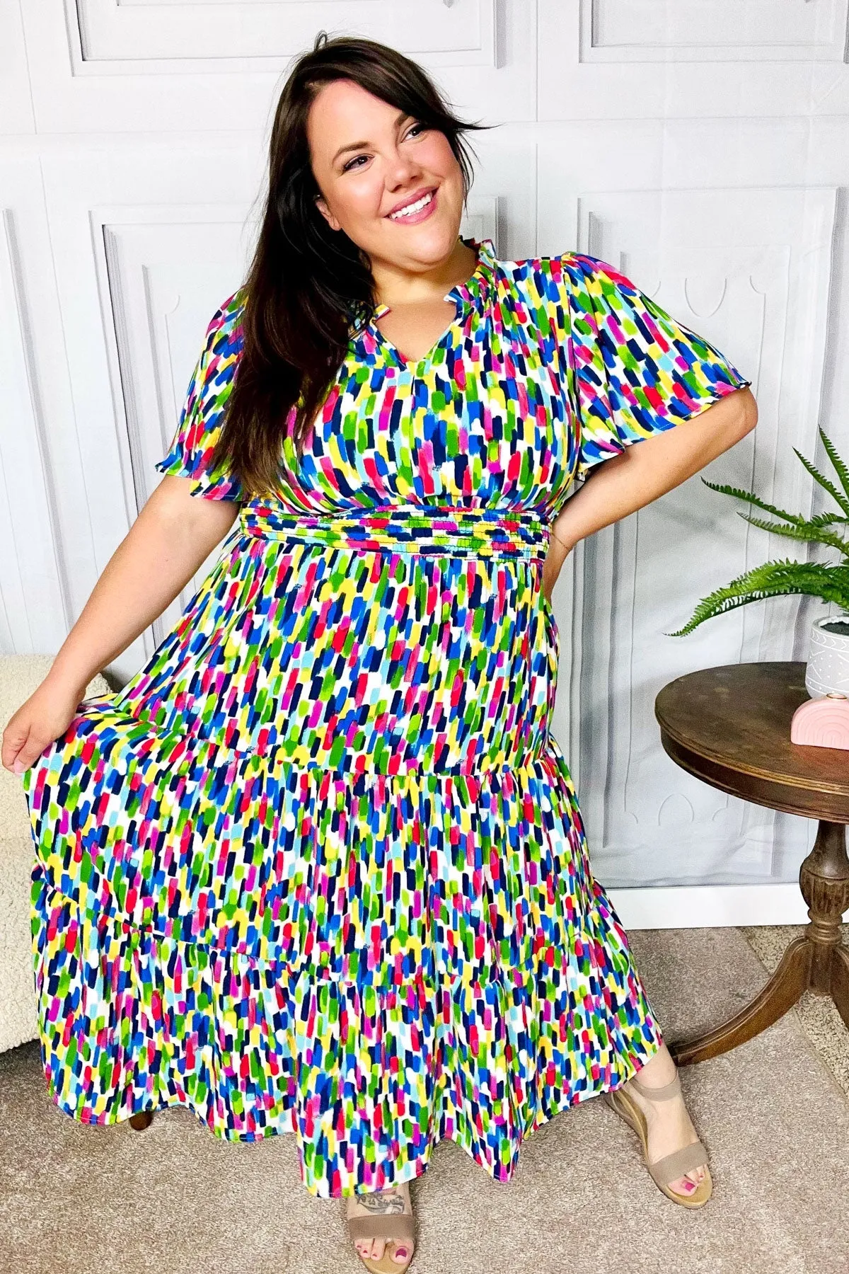 Explore More Collection - All For You Navy Multicolor Abstract Print Smocked Waist Maxi Dress