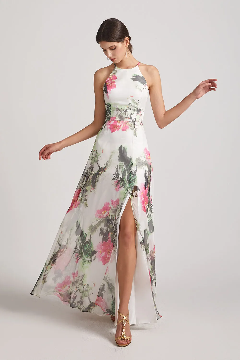 Floral Print Chiffon Halter Bridesmaid Dresses Ink Wash Painting (AF0130)