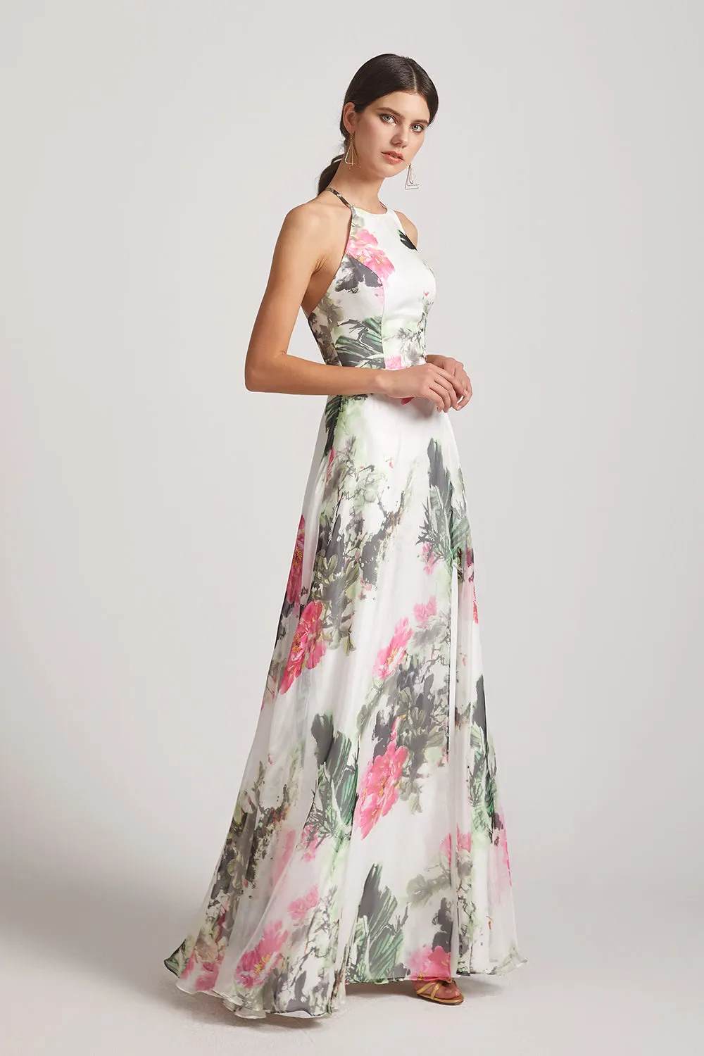 Floral Print Chiffon Halter Bridesmaid Dresses Ink Wash Painting (AF0130)