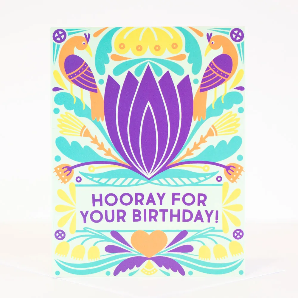 folk art inspired birthday card, colorful bday card, hooray for your birthday card, tropical colored folk card