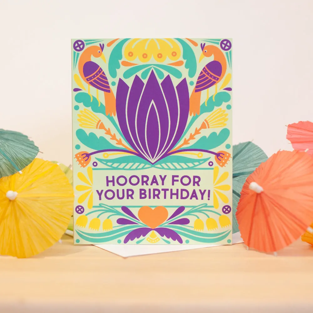 folk art inspired birthday card, colorful bday card, hooray for your birthday card, tropical colored folk card