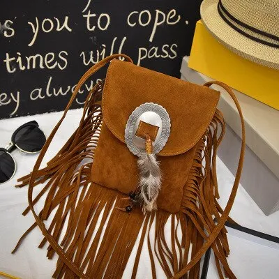 Fringe Crossbody Bag Vegan Suede Leather With Concho And Feathers Boho Messenger Bag Choose Brown Black Or Gray Wear Your Purse As A Cute Accessory!