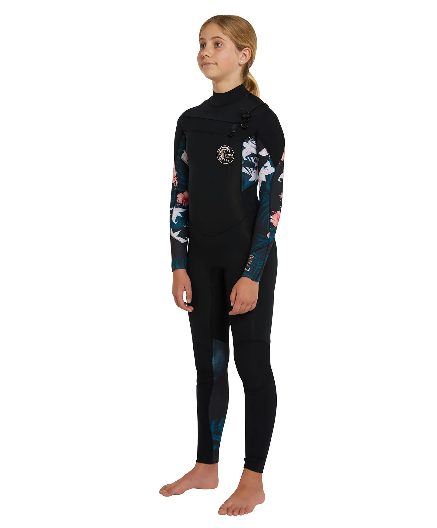 Girl's Bahia 4/3mm Steamer Chest Zip Wetsuit - Black Hibiscus