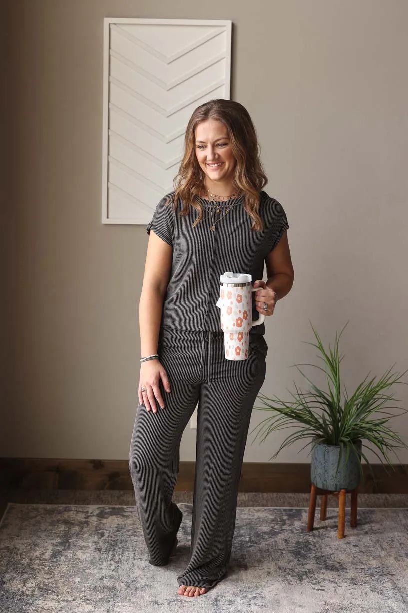 Grey Ribbed Top And Pants Set