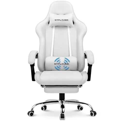 GTPLAYER Gaming Chair, Computer Chair with Footrest and Lumbar Support, Height Adjustable Game Chair with 360°-Swivel Seat and Headrest and for Office or Gaming (White)