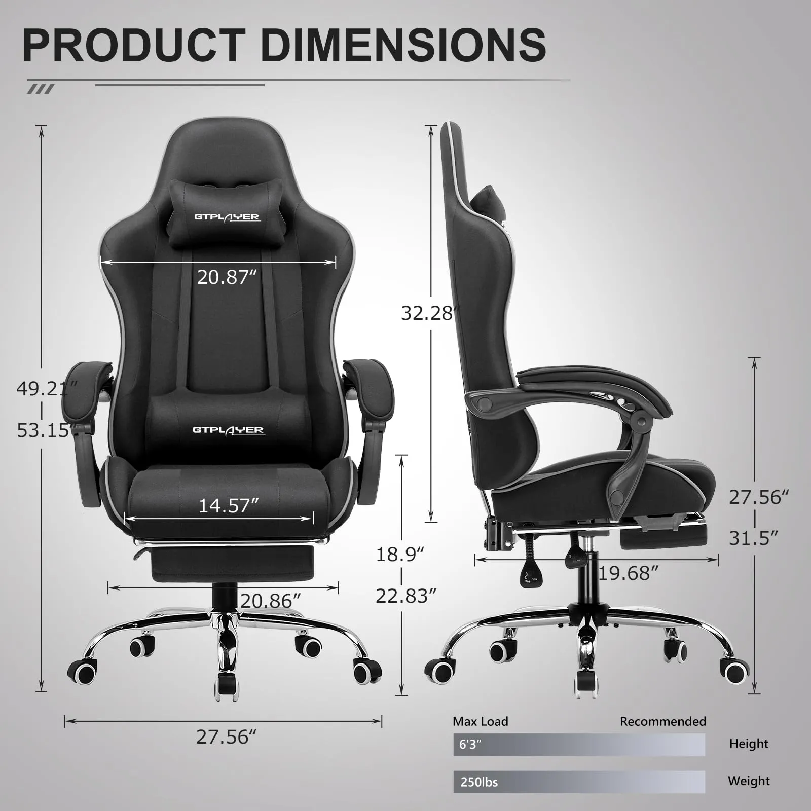 GTPLAYER Gaming Chair, Computer Chair with Footrest and Lumbar Support, Height Adjustable Game Chair with 360°-Swivel Seat and Headrest and for Office or Gaming (White)