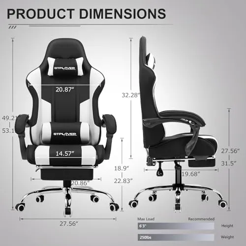 GTPLAYER Gaming Chair, Computer Chair with Footrest and Lumbar Support, Height Adjustable Game Chair with 360°-Swivel Seat and Headrest and for Office or Gaming (White)