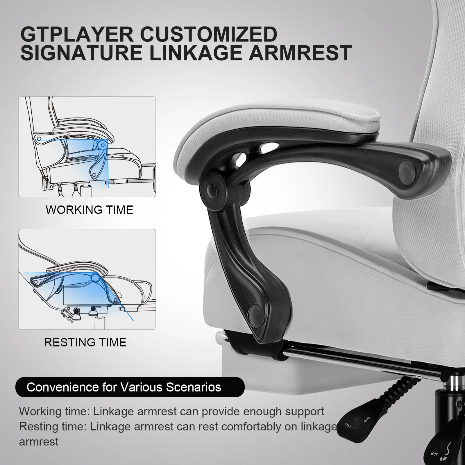 GTPLAYER Gaming Chair, Computer Chair with Footrest and Lumbar Support, Height Adjustable Game Chair with 360°-Swivel Seat and Headrest and for Office or Gaming (White)