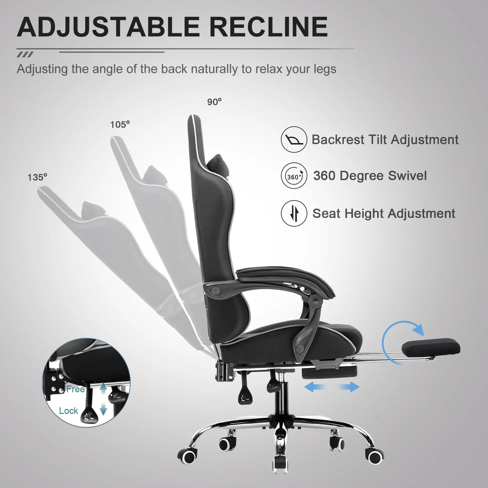 GTPLAYER Gaming Chair, Computer Chair with Footrest and Lumbar Support, Height Adjustable Game Chair with 360°-Swivel Seat and Headrest and for Office or Gaming (White)