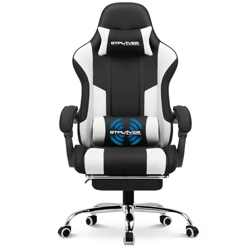 GTPLAYER Gaming Chair, Computer Chair with Footrest and Lumbar Support, Height Adjustable Game Chair with 360°-Swivel Seat and Headrest and for Office or Gaming (White)